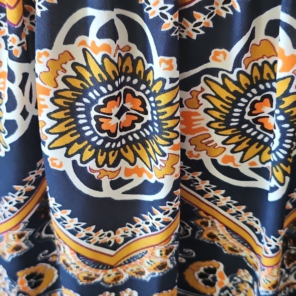 Valerie Stevens Navy, Orange, and Gold Patterned Popover Blouse - Picture 3 of 14